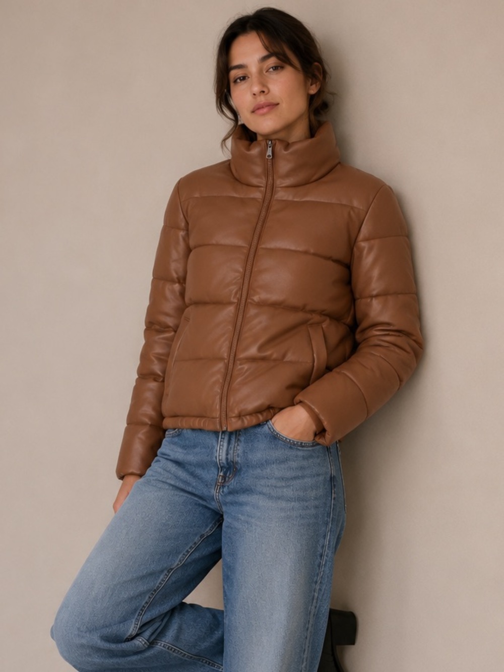 NWT S.E.B. By Sebby Tan Toffee Vegan Faux Leather Puffer Coat Size Medium